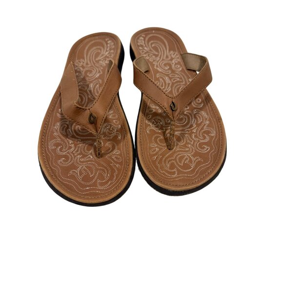 OluKai Paniolo Brown Leather Flip Flops Women's Size 9 - Picture 1 of 8
